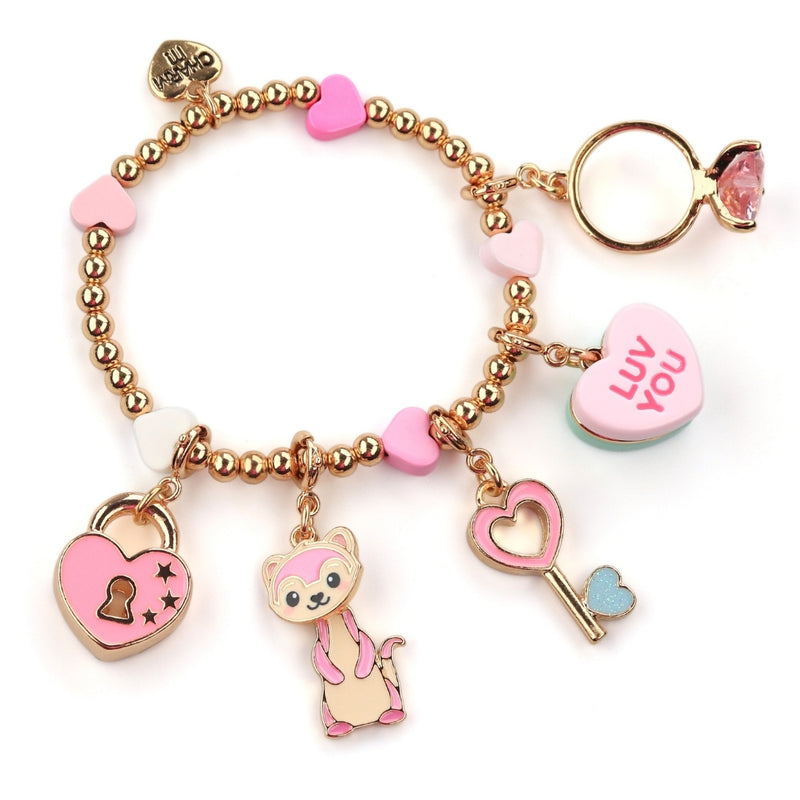 CHARM IT! Pastel Love Themed Charms for Valentine's Day including Heart Lock, Heart Key, Candy Heart, Sparkle Heart Ring and Pink Ferret Charms - charmit.com