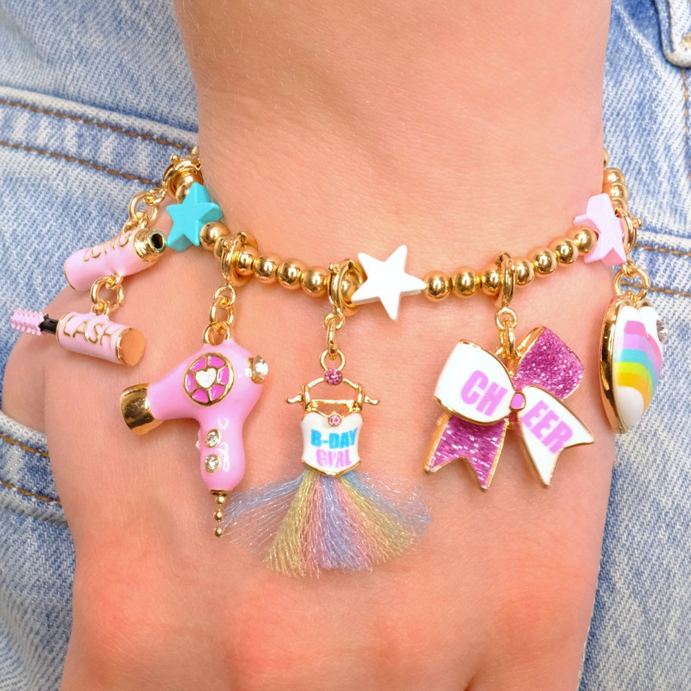 CHARM IT! Mascara, Hai Dryer, Birthday GIrl Tutu, Glitter Cheer Bow Charms on star bracelet - charmit.com