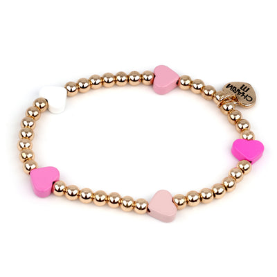 Gold Bead Pink Heart Stretch Bracelet - charmit.com