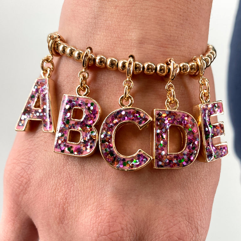 Gold Pink Glitter Letter E Charm-charmit.com