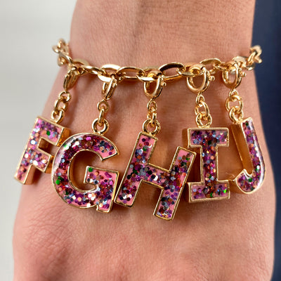 Gold Pink Glitter Letter I Charm-charmit.com