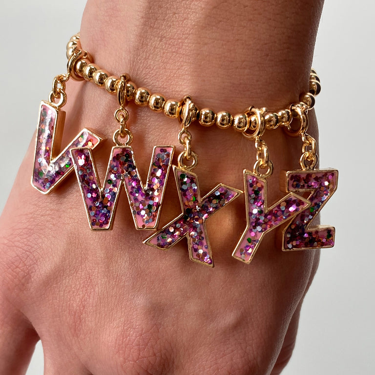 Gold Pink Glitter Letter V Charm-charmit.com